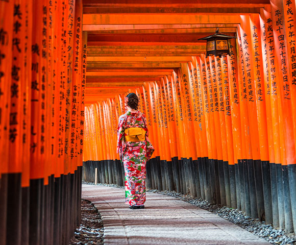 Japanese lady dressed in floral kimono walking through paths lined with orange and black wooden posts at Inari-Taisha Shrine