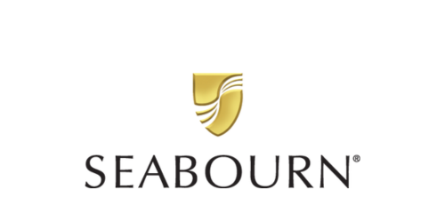 Seabourn logo featuring a stylized golden shield with flowing lines above the name 