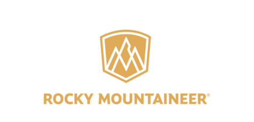 Logo of Rocky Mountaineer featuring a golden shield with mountain peaks, accompanied by the brand name in a modern font.