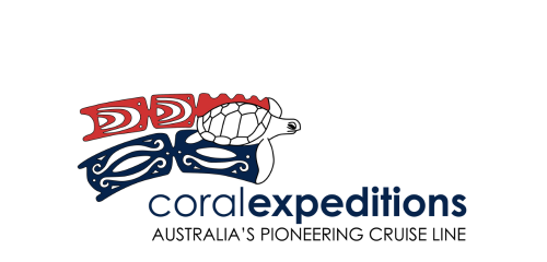 Logo of Coral Expeditions, featuring a stylized sea turtle and indigenous-inspired designs, with the tagline 
