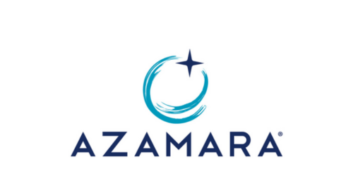 Logo of Azamara, featuring a teal swirl and a star above the name in bold navy letters, representing cruise vacations.