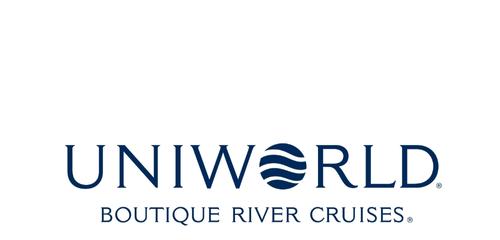 Logo of Uniworld Boutique River Cruises, featuring the brand name in navy blue with wave design elements.