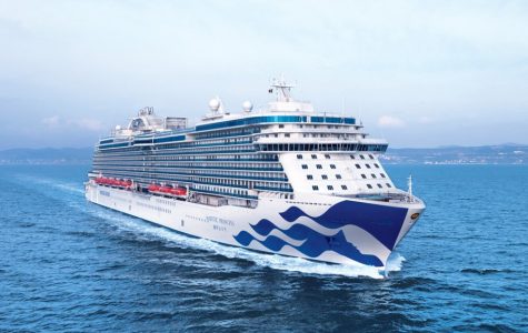 A large white-and-blue cruise ship sails across a calm blue ocean, with a distant coastline and hazy sky creating a serene scene.