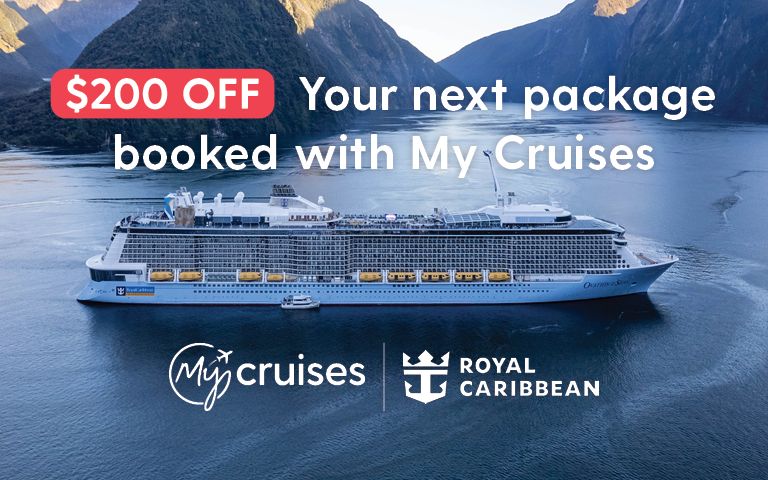 A cruise ship sails through a scenic fjord, promoting a $200 discount on packages booked with My Cruises and Royal Caribbean.