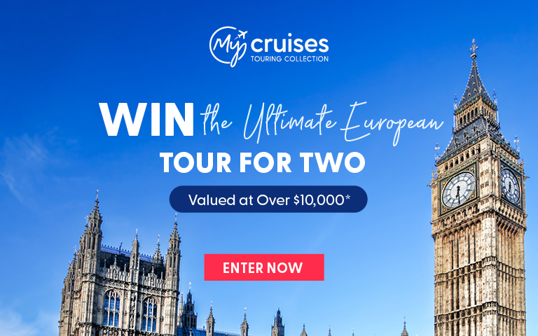 Promotional image for My Cruises, featuring Big Ben and the Palace of Westminster, announcing a contest for a European tour for two.