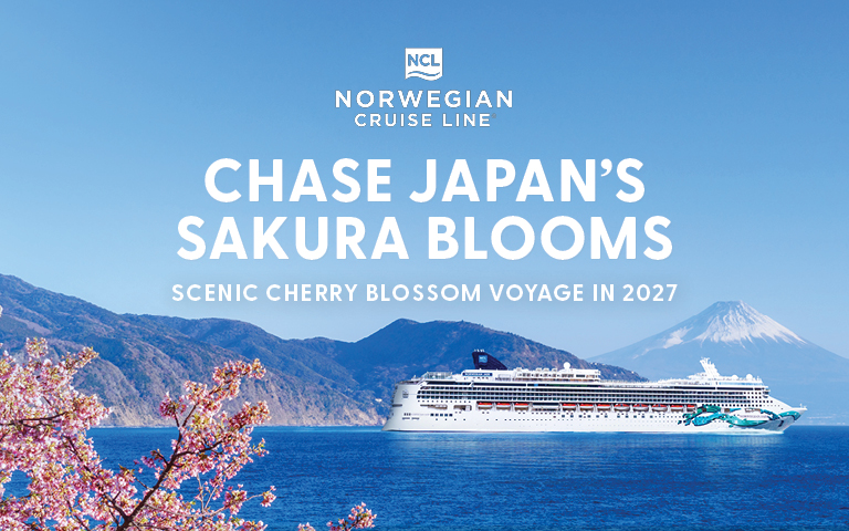 A cruise ship near pink cherry blossoms with mountains and Mount Fuji in the background, promoting a cherry blossom voyage in Japan.