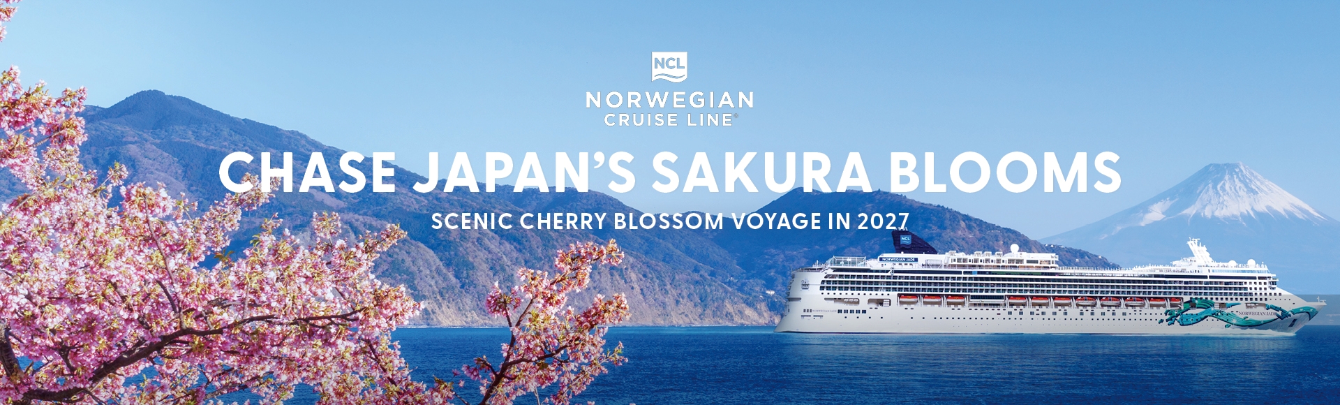 A cruise ship near pink cherry blossoms with mountains and Mount Fuji in the background, promoting a cherry blossom voyage in Japan.