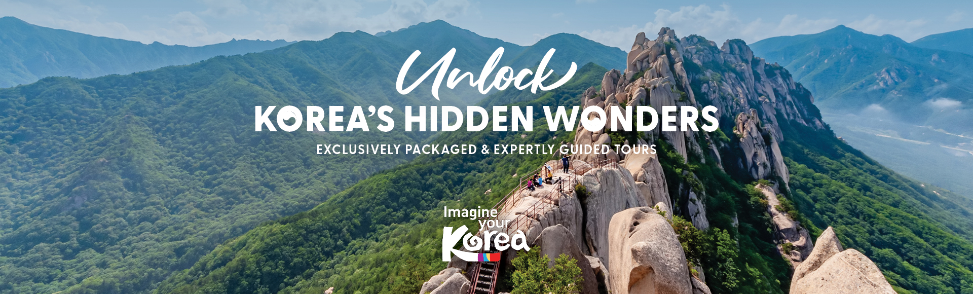 A panoramic view of Korea's lush mountains with hikers exploring, promoting guided tours to discover hidden natural wonders.