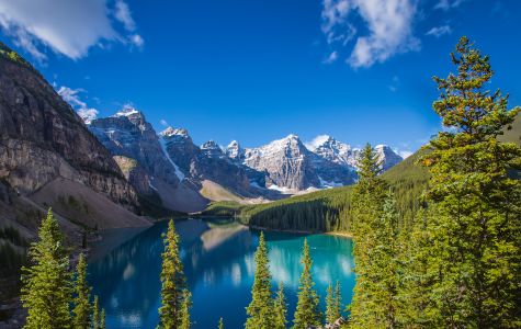 A serene lake surrounded by lush evergreens and towering snow-capped mountains under a clear blue sky in Canada.