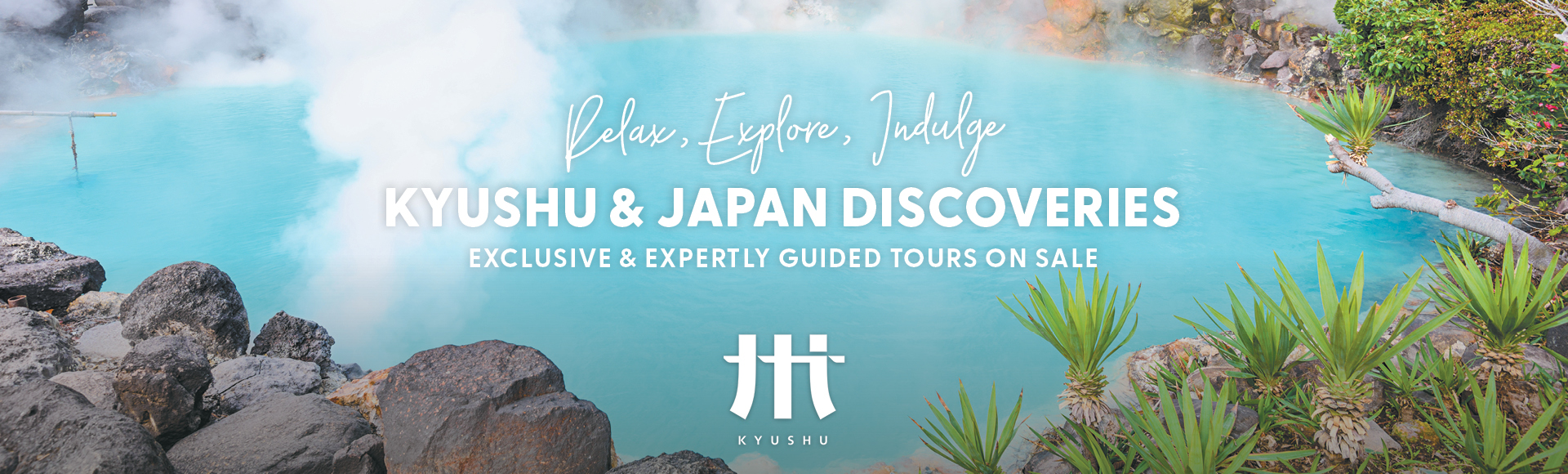Text overlay on a serene hot spring scene: 