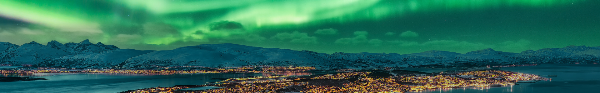 A breathtaking view of snow-capped mountains under vibrant green auroras, illuminating a tranquil bay and a cozy town at night.