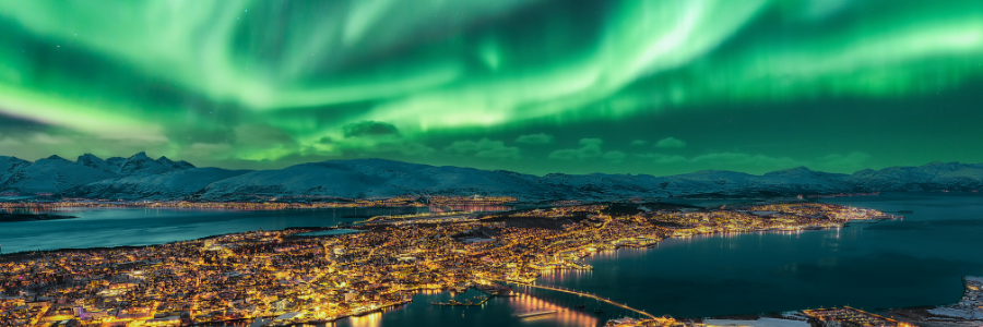 A breathtaking view of snow-capped mountains under vibrant green auroras, illuminating a tranquil bay and a cozy town at night.