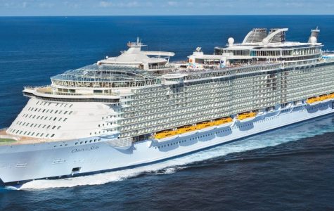 A large, modern cruise ship sails through the open ocean under a clear blue sky, exuding luxury and adventure, with a sense of tranquility.