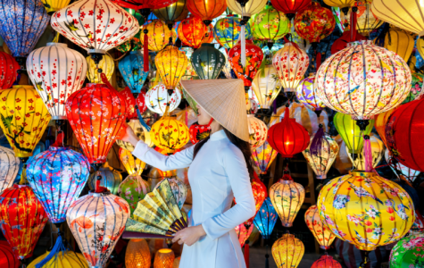 A woman in traditional attire admires colorful lanterns in a vibrant display.