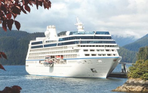 A large white cruise ship sails near a forested shoreline, with a small rocky island in the foreground and mountains under a cloudy sky in the background.