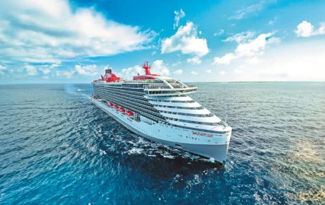 A large white cruise ship named "BRILLIANT LADY" sails on a calm blue ocean under a partly cloudy sky with distant land visible on the horizon.