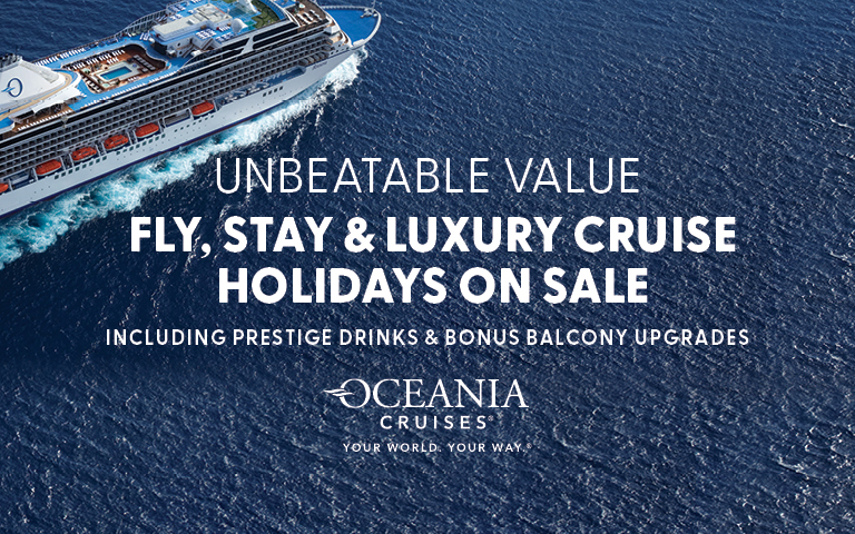 A luxury cruise ship sailing on deep blue ocean waters with promotional text for Oceania Cruises holiday sale.