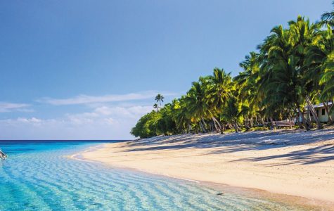 A tranquil tropical beach with clear turquoise water lapping a sandy shore lined with palm trees, featuring two boats in the shallow water and one on the sand.