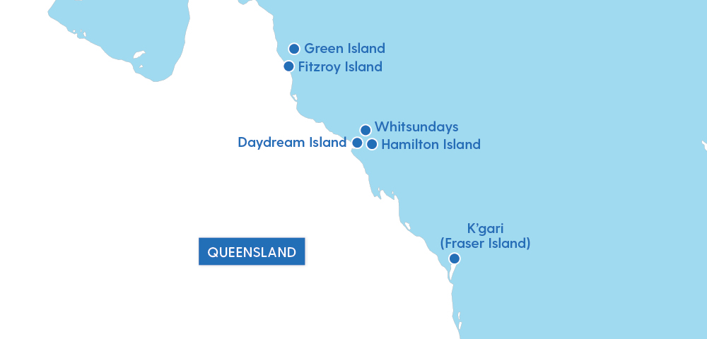 Map of Queensland, Australia, highlighting key locations: Green Island, Fitzroy Island, Whitsundays, Hamilton Island, Daydream Island, and K'gari.