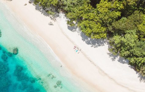 Aerial view of a secluded beach in Cairns with white sand, turquoise waters, and lush greenery, featuring a few people enjoying the serene environment.