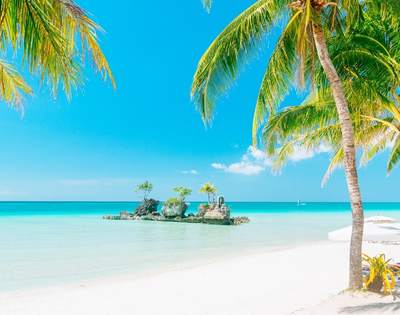 White sand, palm tree lined beach with aqua water, blue sky and small island offshore