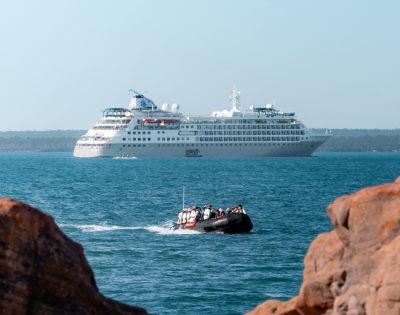 Small boat with passengers approaches rocky shore, large white cruise ship visible in calm blue sea in the background.