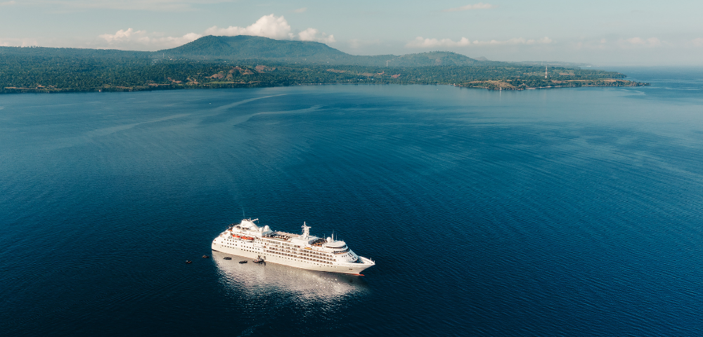 A white cruise ship sails on calm blue water near a forested coastline under a partly cloudy sky.