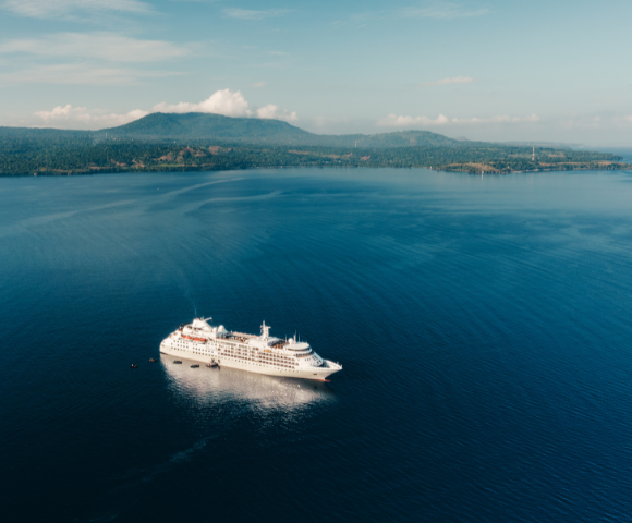A white cruise ship sails on calm blue water near a forested coastline under a partly cloudy sky.