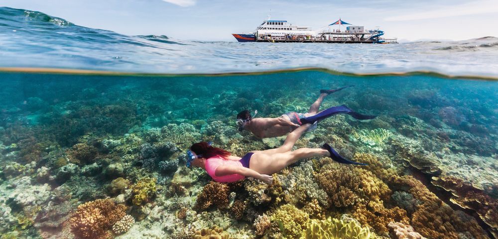 a couple snorkelling with coral reef with image half in water and half on sirface with view of boat on the top of water
