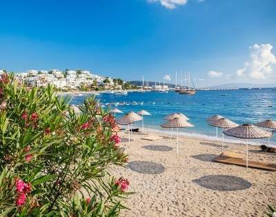 Seaside view with straw umbrellas, sand, clear sky, boats, and coastal buildings.