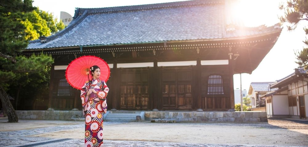 Image of Japanese lady in traditional clothing holding umbrella in front of building