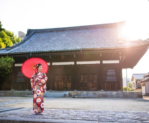 Image of Japanese lady in traditional clothing holding umbrella in front of building