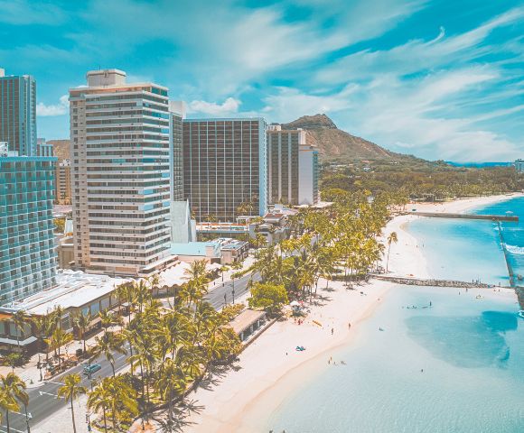 Oahu skyline with palm trees and beach with ocean retaining wall and view into the distance