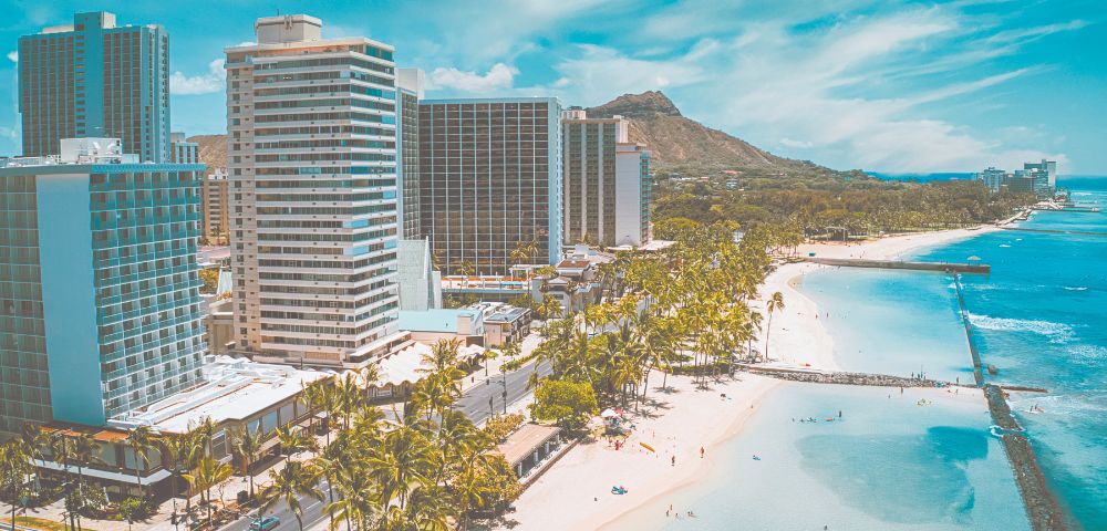 Oahu skyline with palm trees and beach with ocean retaining wall and view into the distance
