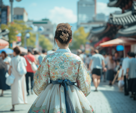 A woman in a traditional floral kimono walking through a bustling street scene.