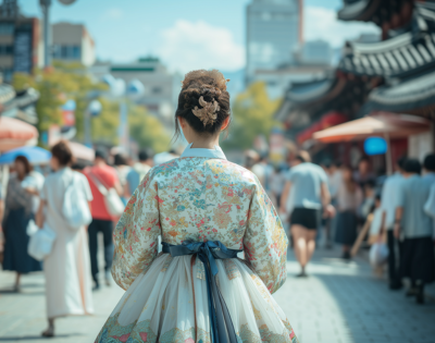 A woman in a traditional floral kimono walking through a bustling street scene.