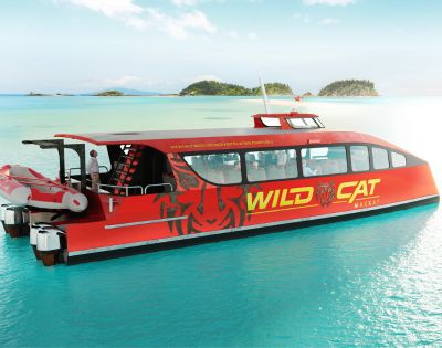 Red and black passenger boat named 'WILD CAT' moored on a clear blue sea near islands.