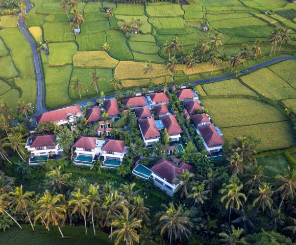 Aerial view of tropical resort with pools surrounded by lush greenery.