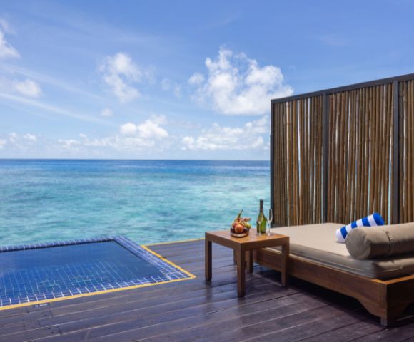 Oceanfront deck with a lounge bed, fruits, wine, and an infinity pool.