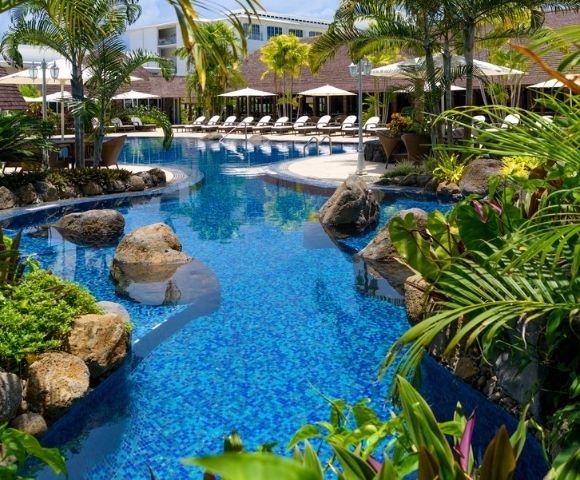 Tropical resort pool with loungers, surrounded by lush plants and palm trees.