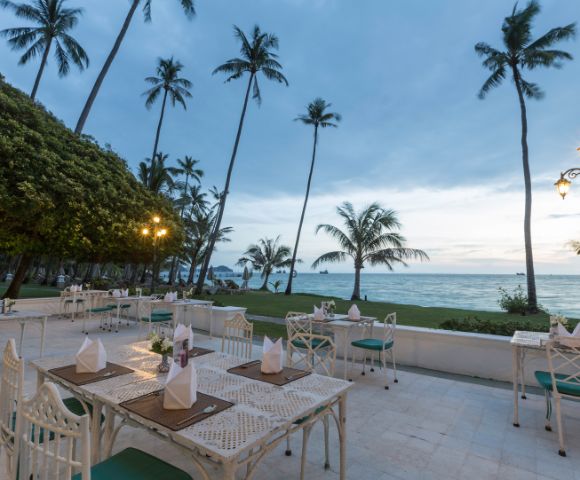 Outdoor beachfront dining area with tables set up under tall palm trees during dusk.