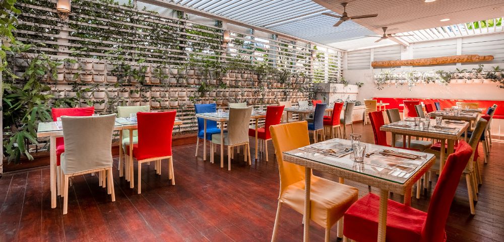 Bright and inviting restaurant interior with colorful chairs and tables, greenery on the walls, and ample natural light.