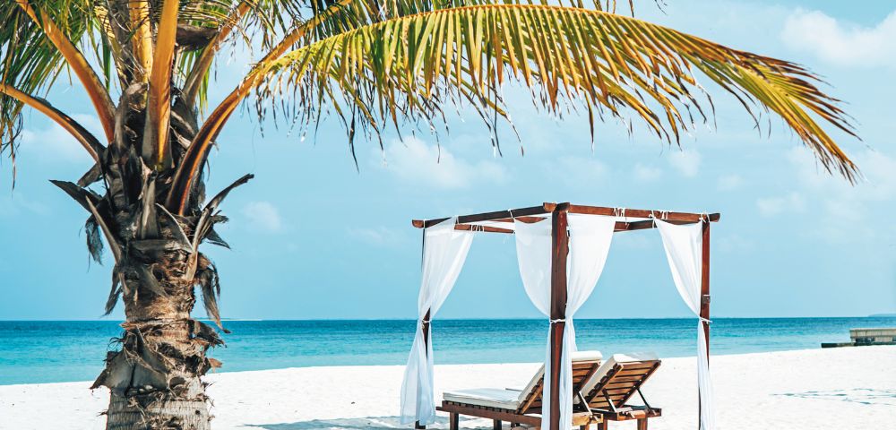 A tranquil beach scene featuring a wooden cabana with white drapes and two loungers under a palm tree by the blue ocean.