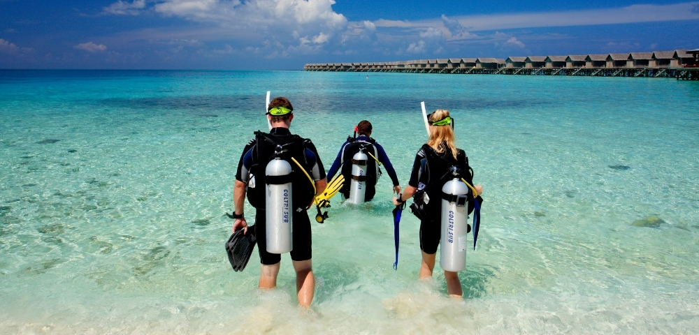 Three divers in wetsuits walking into clear turquoise water, preparing for an underwater adventure against a backdrop of blue sky and resorts.