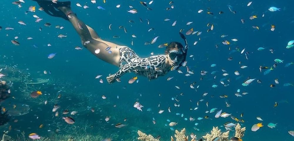 A diver gracefully swims among colorful fish and vibrant coral reefs in clear blue waters.