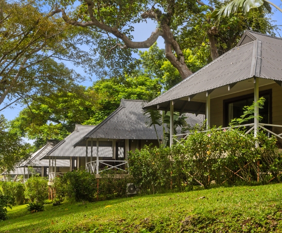 Three charming cottages with metal roofs nestled among lush greenery and trees under a clear blue sky.