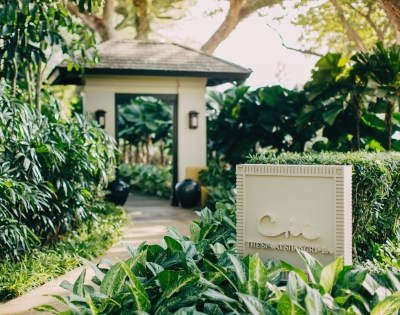 A serene entrance to a wellness retreat, framed by lush greenery, with a sign displaying 