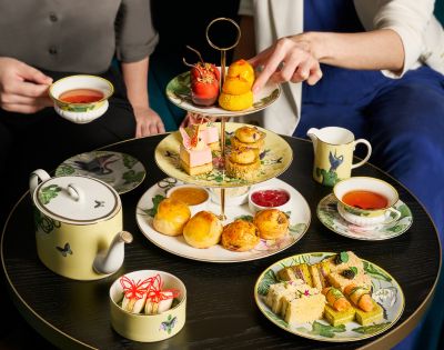 Afternoon tea setting with assorted pastries, scones, and tea on decorative plates, enjoyed by two women.