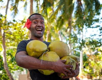 A person stands outdoors, cradling several large, green coconuts amidst a lush, tropical backdrop of palm trees.