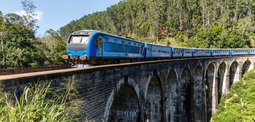 A blue train travels across a historic stone viaduct, surrounded by lush greenery and hills under a clear blue sky.